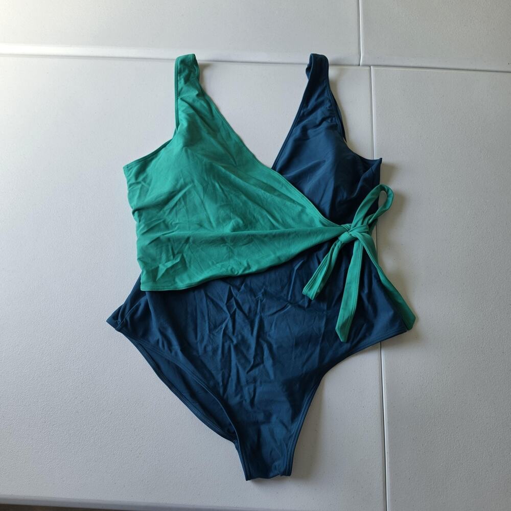 Summersalt Swimsuit Womens 18 Blue Green Wrap One Piece Tie Waist Lined Stretch